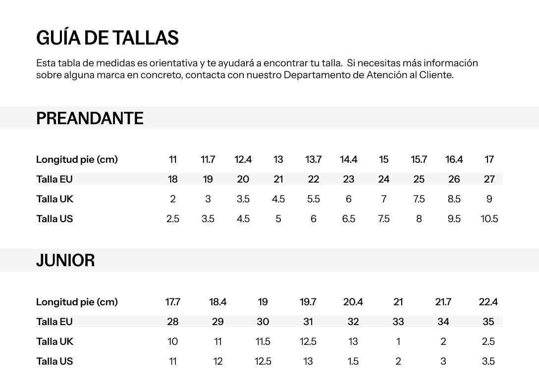 Guia de tallas de zapatos para orders niños